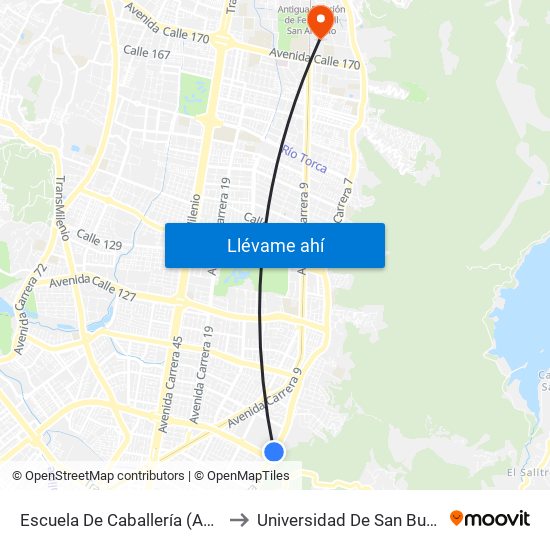 Escuela De Caballería (Ak 7 - Cl 101) to Universidad De San Buenaventura map