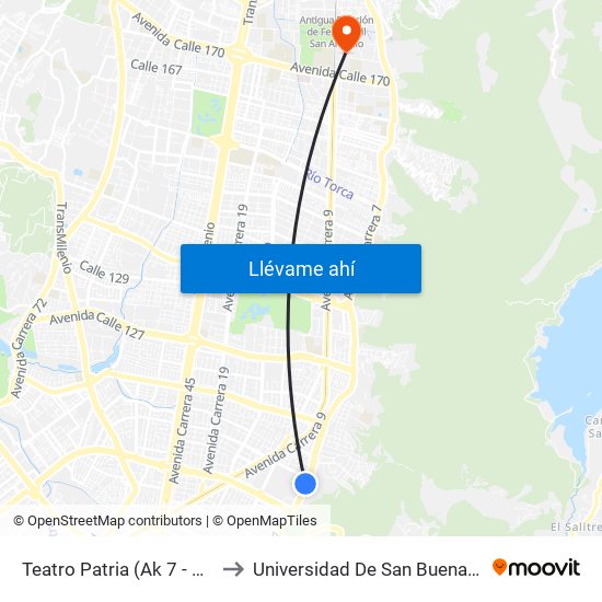 Teatro Patria (Ak 7 - Cl 106) to Universidad De San Buenaventura map