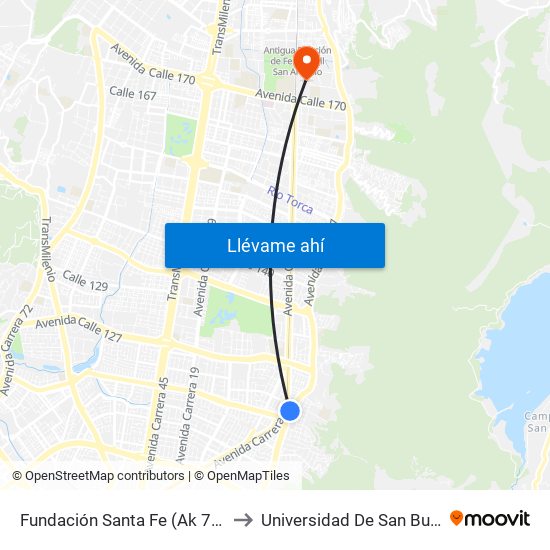 Fundación Santa Fe (Ak 7 - Cl 118) (A) to Universidad De San Buenaventura map