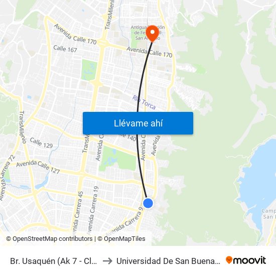 Br. Usaquén (Ak 7 - Cl 119b) to Universidad De San Buenaventura map