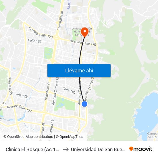 Clínica El Bosque (Ac 134 - Ak 7) to Universidad De San Buenaventura map