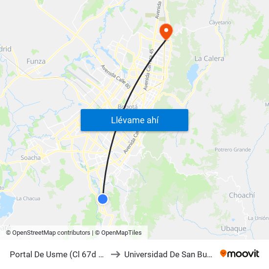 Portal De Usme (Cl 67d Sur - Kr 11) to Universidad De San Buenaventura map