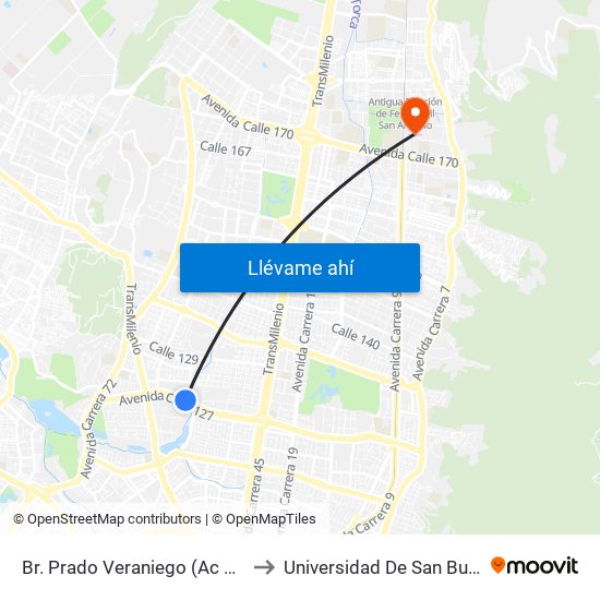 Br. Prado Veraniego (Ac 127 - Kr 56b) to Universidad De San Buenaventura map