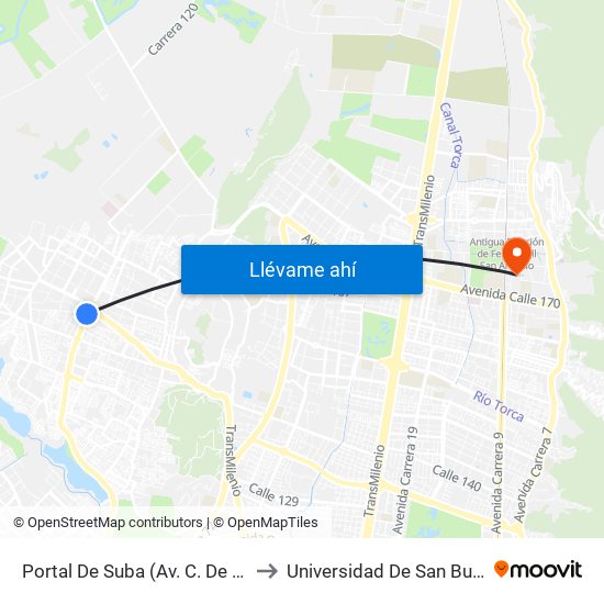 Portal De Suba (Av. C. De Cali - Cl 142) to Universidad De San Buenaventura map