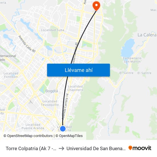 Torre Colpatria (Ak 7 - Cl 24) to Universidad De San Buenaventura map