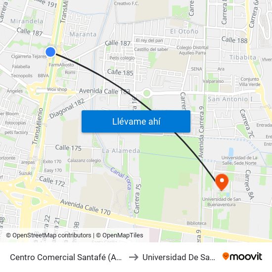 Centro Comercial Santafé (Auto Norte - Cl 187) (B) to Universidad De San Buenaventura map