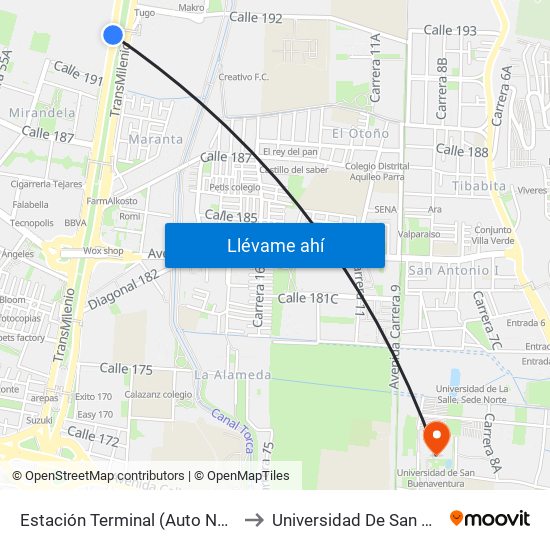 Estación Terminal (Auto Norte - Cl 191) (B) to Universidad De San Buenaventura map