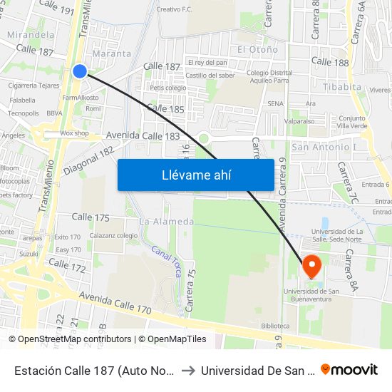 Estación Calle 187 (Auto Norte - Cl 187 Bis) (A) to Universidad De San Buenaventura map