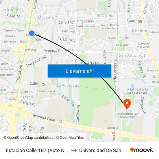 Estación Calle 187 (Auto Norte - Cl 187) (B) to Universidad De San Buenaventura map