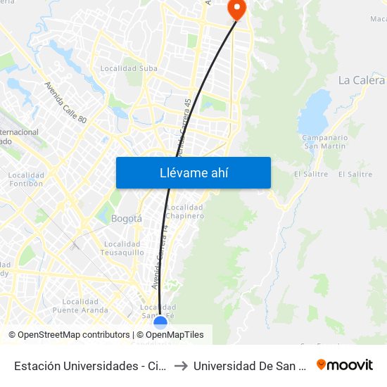 Estación Universidades - City U (Kr 3 - Cl 21) to Universidad De San Buenaventura map