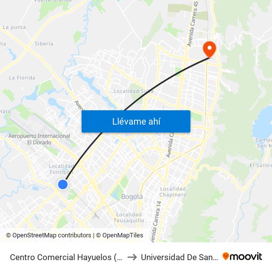 Centro Comercial Hayuelos (Av. C. De Cali - Cl 20) to Universidad De San Buenaventura map