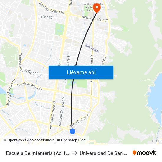 Escuela De Infantería (Ac 100 - Kr 11a) (B) to Universidad De San Buenaventura map