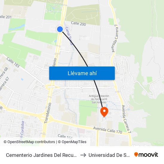 Cementerio Jardines Del Recuerdo (Auto Norte - Cl 197) to Universidad De San Buenaventura map