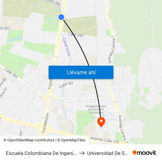 Escuela Colombiana De Ingeniería (Auto Norte - Cl 205) to Universidad De San Buenaventura map