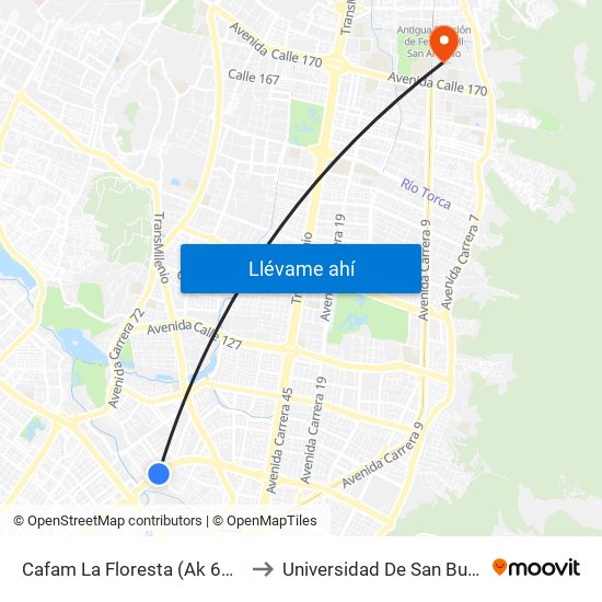 Cafam La Floresta (Ak 68 - Cl 98) (A) to Universidad De San Buenaventura map