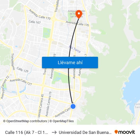 Calle 116 (Ak 7 - Cl 116) (A) to Universidad De San Buenaventura map