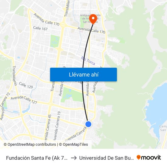 Fundación Santa Fe (Ak 7 - Cl 118) (B) to Universidad De San Buenaventura map