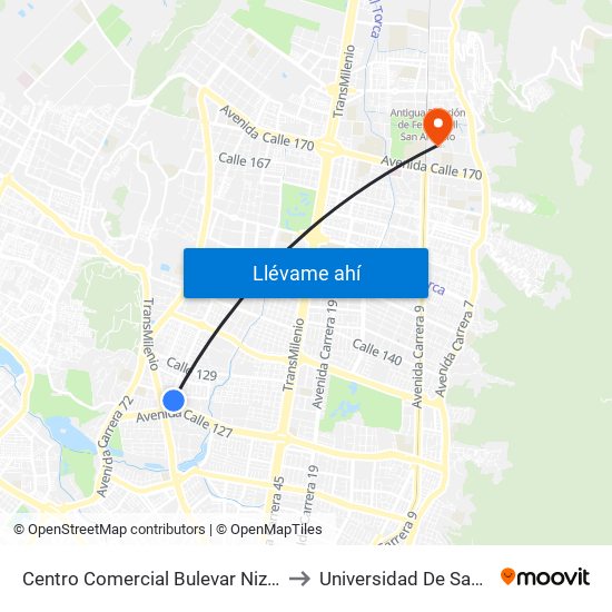 Centro Comercial Bulevar Niza (Av. Villas - Ac 127) to Universidad De San Buenaventura map