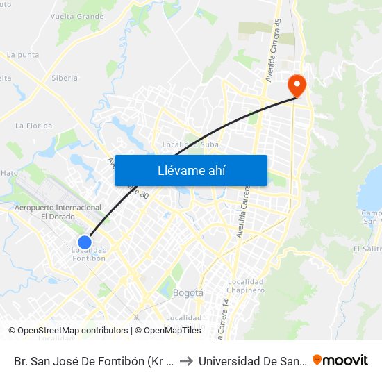 Br. San José De Fontibón (Kr 100 - Av. Esperanza) to Universidad De San Buenaventura map