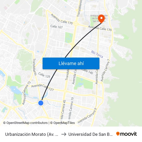 Urbanización Morato (Av. Suba - Cl 115) to Universidad De San Buenaventura map