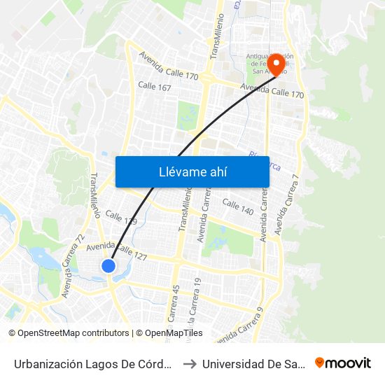 Urbanización Lagos De Córdoba (Av. Suba - Cl 120) to Universidad De San Buenaventura map