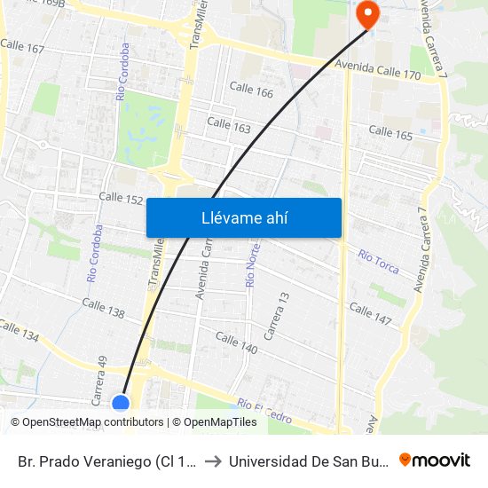 Br. Prado Veraniego (Cl 129 - Kr 45a) to Universidad De San Buenaventura map