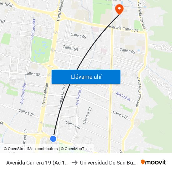 Avenida Carrera 19 (Ac 134 - Ak 19) to Universidad De San Buenaventura map