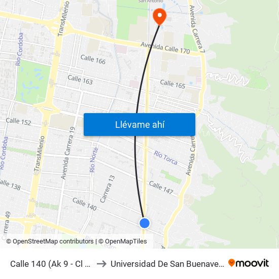 Calle 140 (Ak 9 - Cl 141) to Universidad De San Buenaventura map