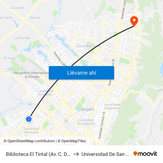 Biblioteca El Tintal (Av. C. De Cali - Cl 6d) (A) to Universidad De San Buenaventura map