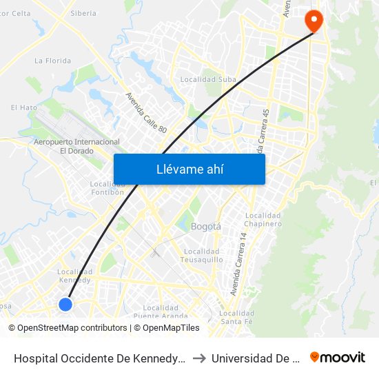 Hospital Occidente De Kennedy (Av. 1 De Mayo - Cl 40 Sur) (A) to Universidad De San Buenaventura map