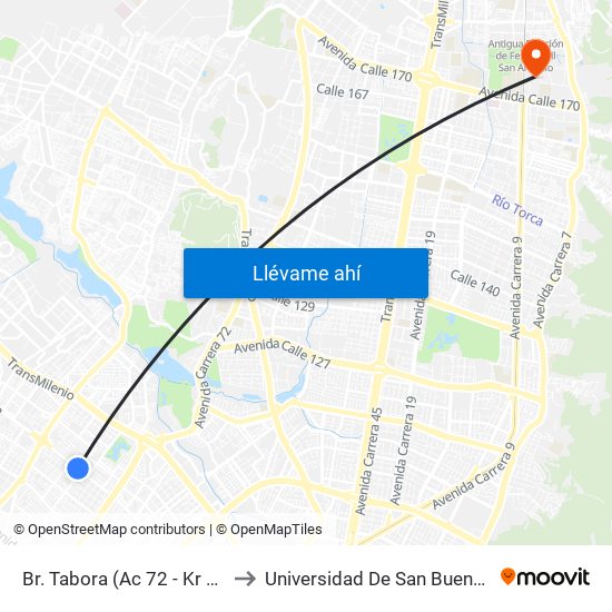 Br. Tabora (Ac 72 - Kr 77a) (A) to Universidad De San Buenaventura map