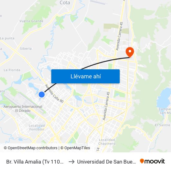 Br. Villa Amalia (Tv 110g - Cl 71c) to Universidad De San Buenaventura map