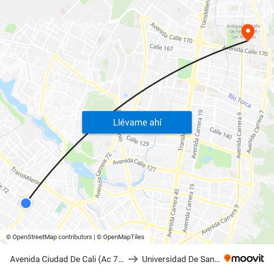 Avenida Ciudad De Cali (Ac 72 - Av. C. De Cali) (C) to Universidad De San Buenaventura map