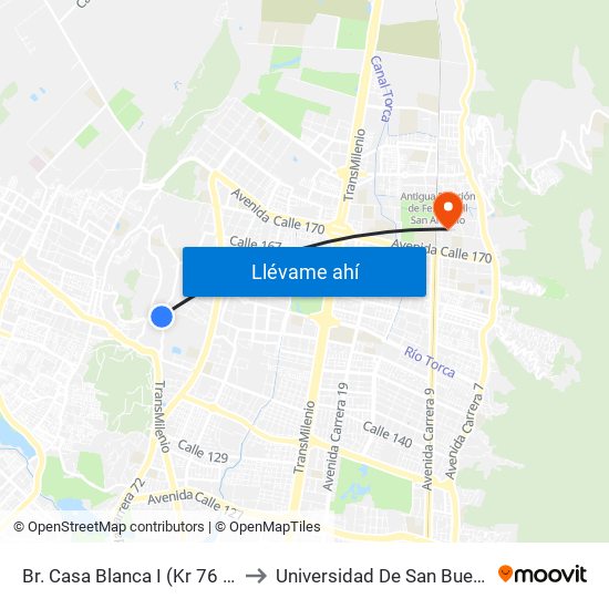 Br. Casa Blanca I (Kr 76 - Cl 146c) to Universidad De San Buenaventura map
