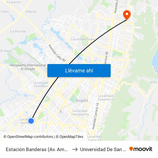 Estación Banderas (Av. Américas - Kr 78a) (A) to Universidad De San Buenaventura map