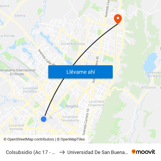 Colsubsidio (Ac 17 - Ak 68) to Universidad De San Buenaventura map