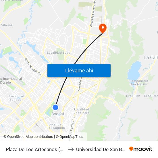 Plaza De Los Artesanos (Ak 60 - Cl 63a) to Universidad De San Buenaventura map