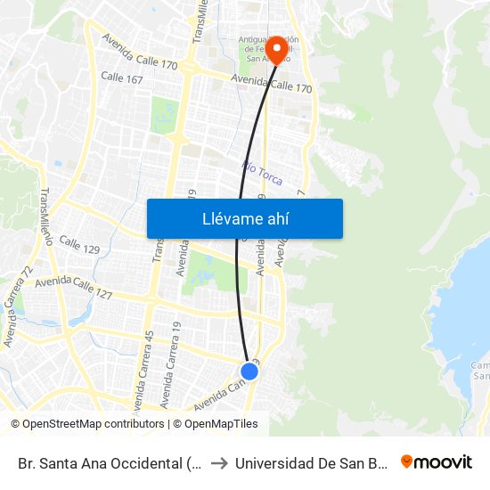 Br. Santa Ana Occidental (Ak 9 - Cl 115) to Universidad De San Buenaventura map