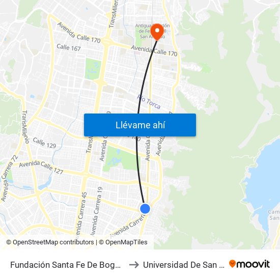 Fundación Santa Fe De Bogotá (Ak 9 - Cl 117a) to Universidad De San Buenaventura map