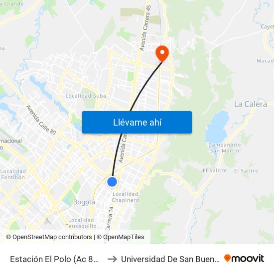 Estación El Polo (Ac 80 - Kr 27) to Universidad De San Buenaventura map