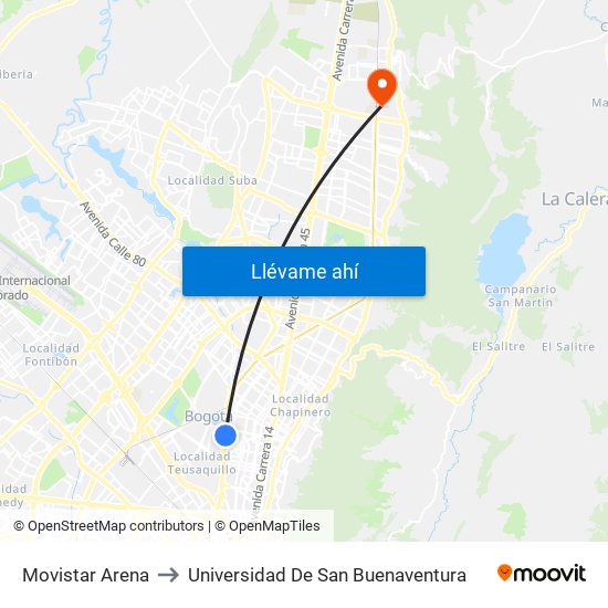 Movistar Arena to Universidad De San Buenaventura map