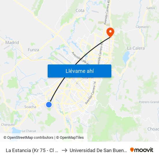 La Estancia (Kr 75 - Cl 59a Sur) to Universidad De San Buenaventura map