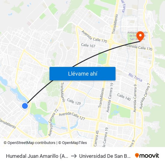 Humedal Juan Amarillo (Ak 91 - Cl 96a) to Universidad De San Buenaventura map