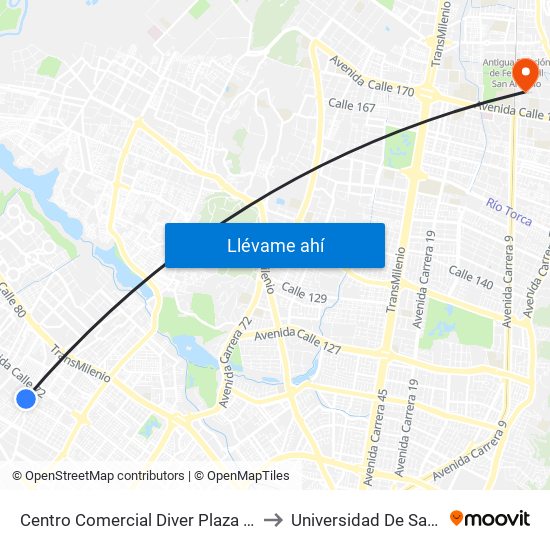 Centro Comercial Diver Plaza Álamos (Ak 96 - Cl 70) to Universidad De San Buenaventura map