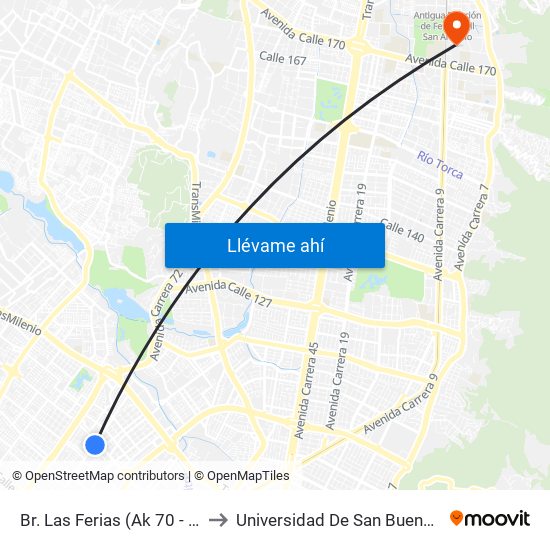 Br. Las Ferias (Ak 70 - Cl 71a) to Universidad De San Buenaventura map