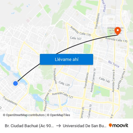 Br. Ciudad Bachué (Ac 90 - Kr 95f) (A) to Universidad De San Buenaventura map