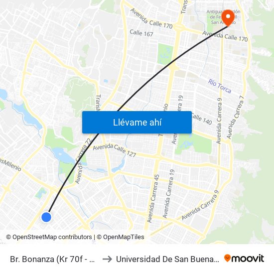 Br. Bonanza (Kr 70f - Kr 72a) to Universidad De San Buenaventura map