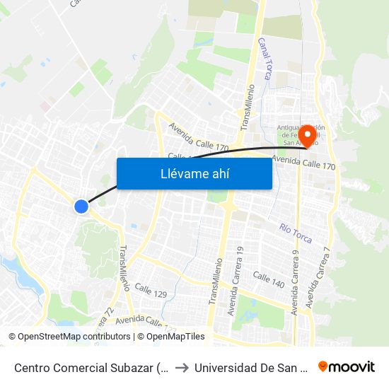 Centro Comercial Subazar (Av. Suba - Kr 91) to Universidad De San Buenaventura map