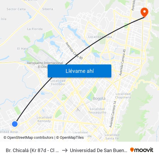 Br. Chicalá (Kr 87d - Cl 54c Sur) to Universidad De San Buenaventura map