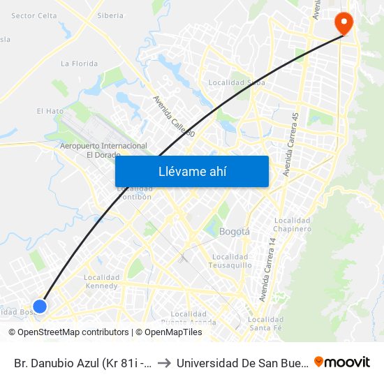 Br. Danubio Azul (Kr 81i - Cl 55 Sur) to Universidad De San Buenaventura map